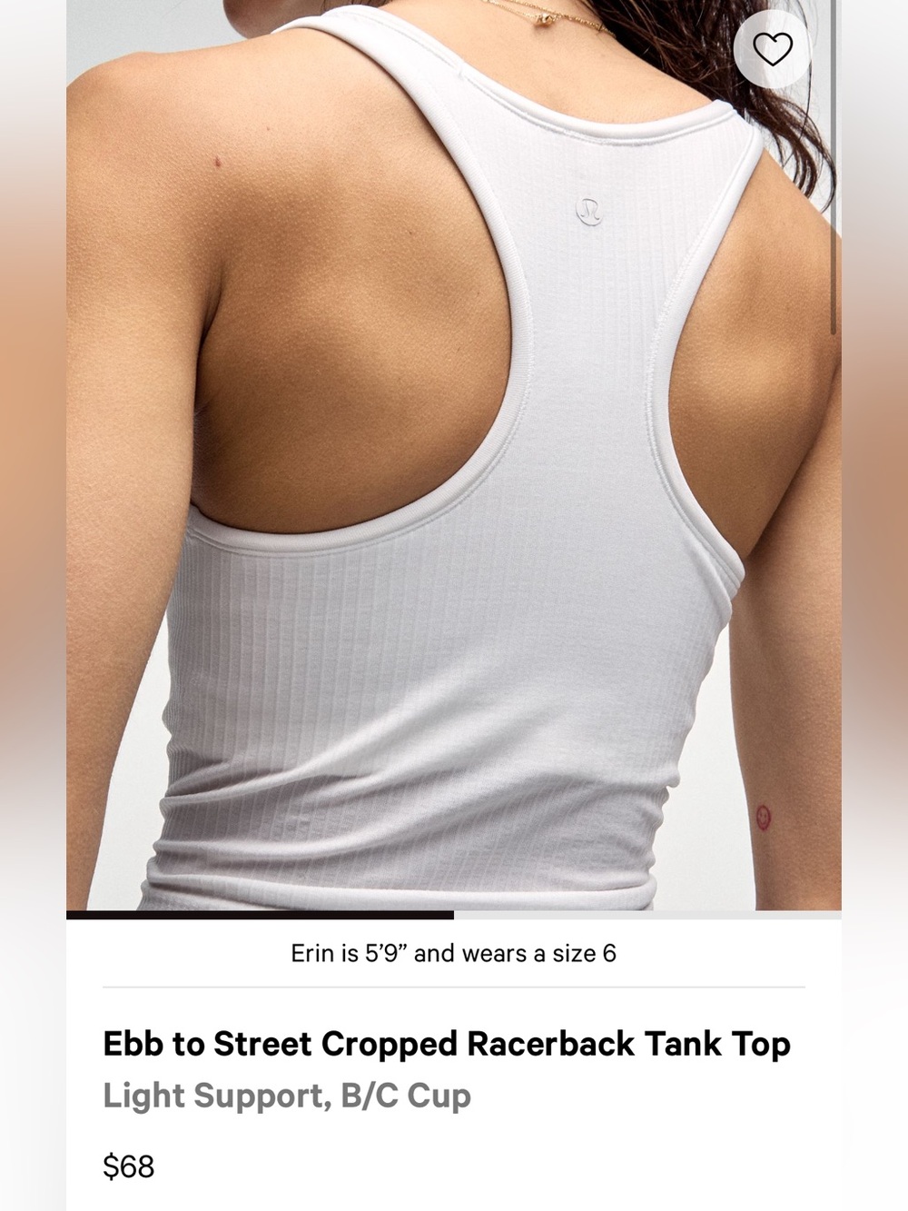 Lululemon White Ribbed Racerback Tank Top Built-In Bra Size 8